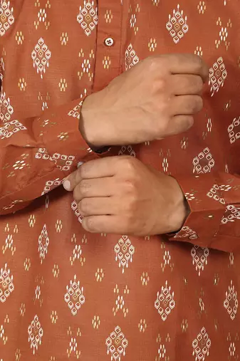 cotton blend printed rust roll-up sleeves short kurta