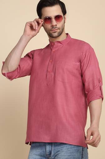 cotton blend solid coral short kurta
