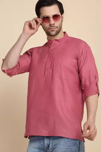 cotton blend solid coral short kurta