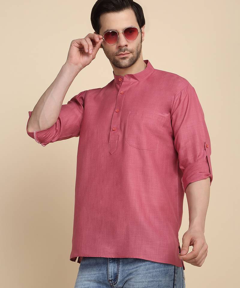 cotton blend solid coral short kurta