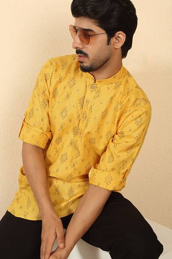cotton blend printed yellow roll-up sleeves short kurta
