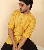 cotton blend printed yellow roll-up sleeves short kurta