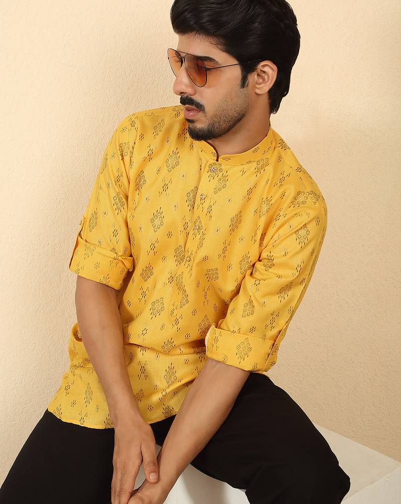 cotton blend printed yellow roll-up sleeves short kurta