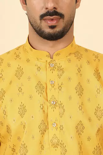 cotton blend printed yellow roll-up sleeves short kurta
