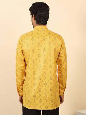 cotton blend printed yellow roll-up sleeves short kurta 3