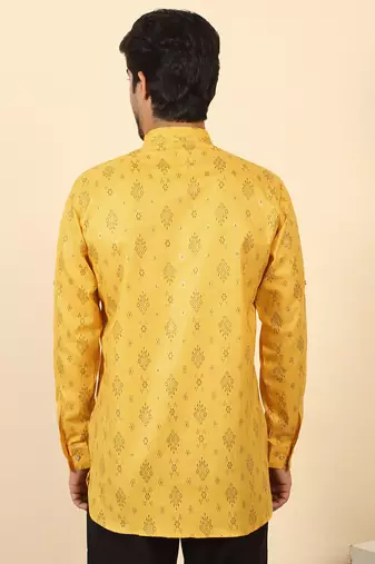 cotton blend printed yellow roll-up sleeves short kurta