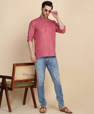 cotton blend solid coral short kurta 3