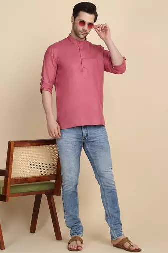 cotton blend solid coral short kurta
