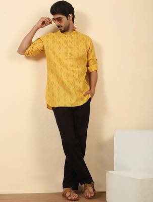 cotton blend printed yellow roll-up sleeves short kurta 4