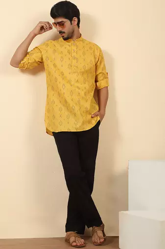 cotton blend printed yellow roll-up sleeves short kurta