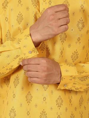cotton blend printed yellow roll-up sleeves short kurta 5