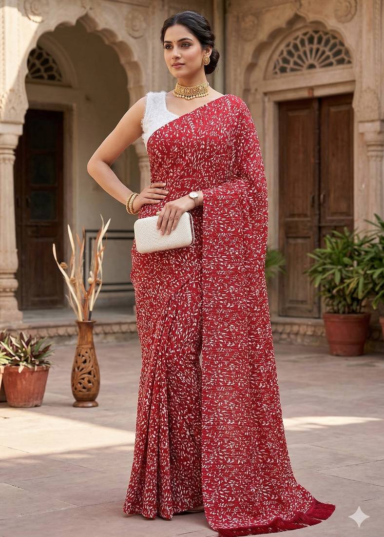 women's georgette digital printed full crushed exclusive saree