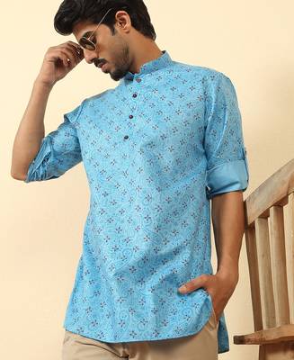 cotton blend floral printed blue roll-up sleeves short kurta 1