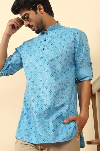 cotton blend floral printed blue roll-up sleeves short kurta