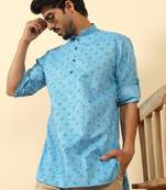 cotton blend floral printed blue roll-up sleeves short kurta