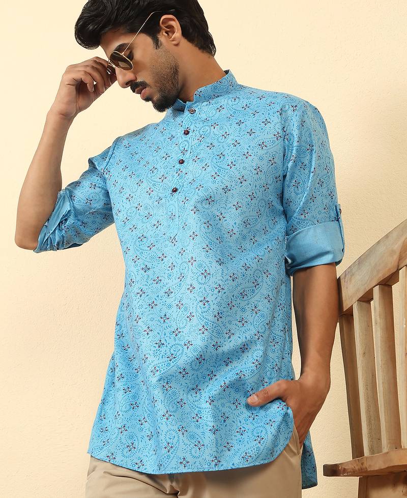 cotton blend floral printed blue roll-up sleeves short kurta