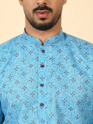 cotton blend floral printed blue roll-up sleeves short kurta 2