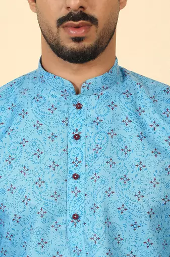 cotton blend floral printed blue roll-up sleeves short kurta