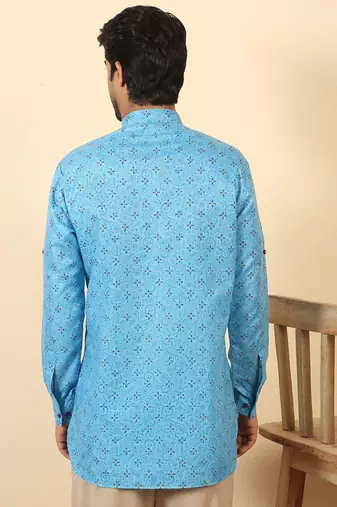cotton blend floral printed blue roll-up sleeves short kurta