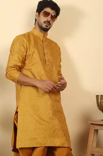 silk blend jacquard paisley mustard kurta