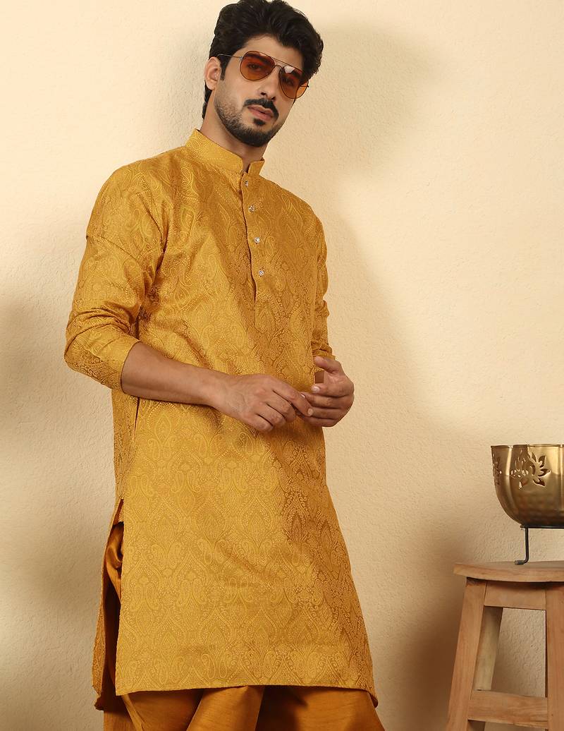 silk blend jacquard paisley mustard kurta