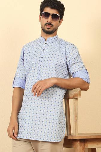 foil printed sky blue roll-up sleeves short kurta