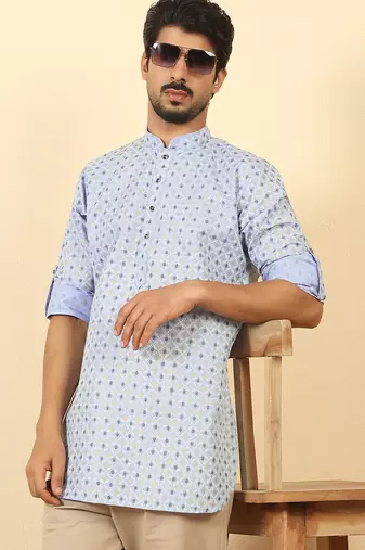 foil printed sky blue roll-up sleeves short kurta