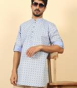 foil printed sky blue roll-up sleeves short kurta