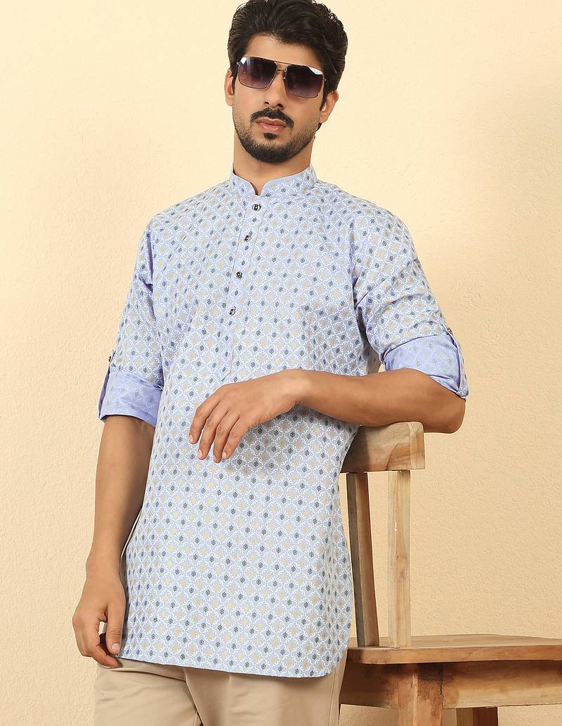 foil printed sky blue roll-up sleeves short kurta