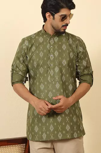cotton blend printed olive roll-up sleeves short kurta