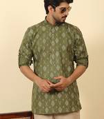cotton blend printed olive roll-up sleeves short kurta