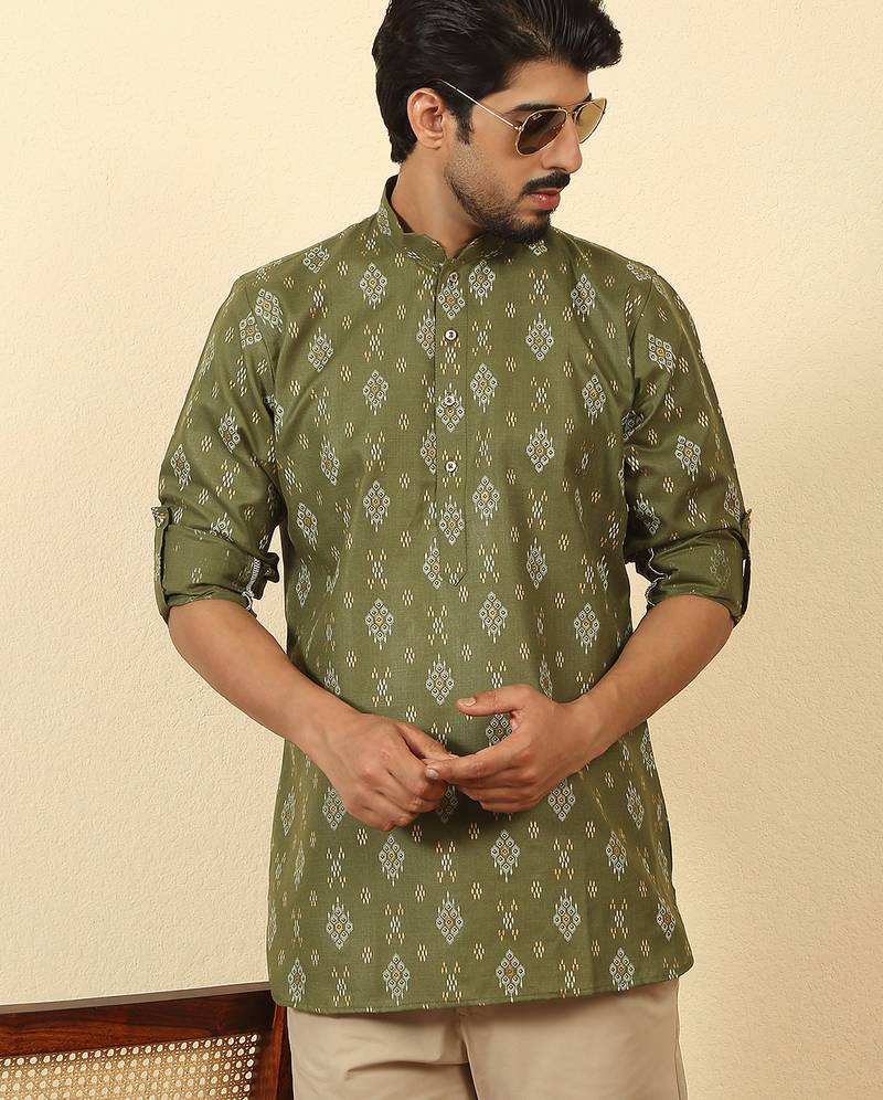 cotton blend printed olive roll-up sleeves short kurta