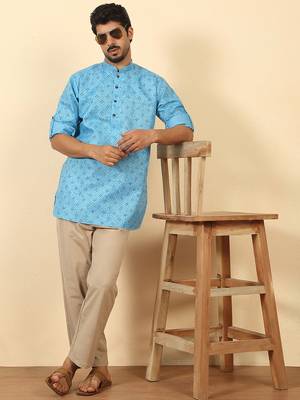 cotton blend floral printed blue roll-up sleeves short kurta 4