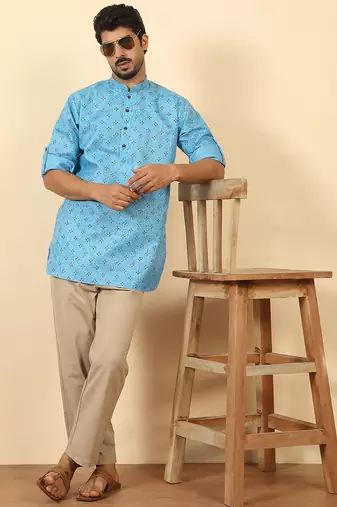 cotton blend floral printed blue roll-up sleeves short kurta