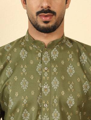 cotton blend printed olive roll-up sleeves short kurta 2