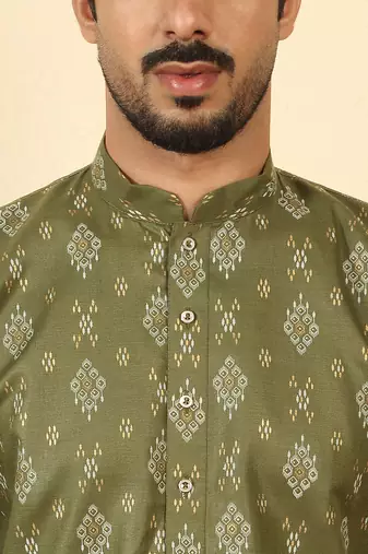 cotton blend printed olive roll-up sleeves short kurta