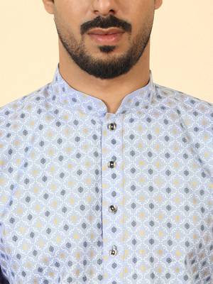 foil printed sky blue roll-up sleeves short kurta 2