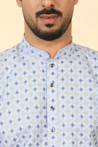 foil printed sky blue roll-up sleeves short kurta