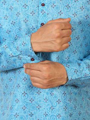 cotton blend floral printed blue roll-up sleeves short kurta 5