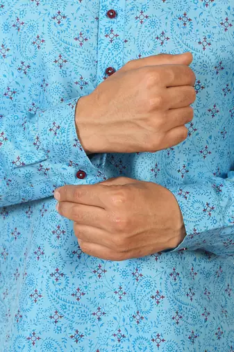 cotton blend floral printed blue roll-up sleeves short kurta