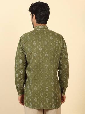 cotton blend printed olive roll-up sleeves short kurta 3