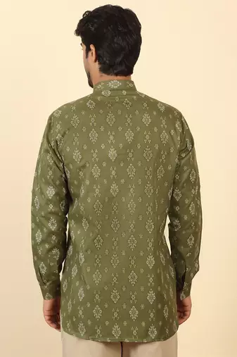 cotton blend printed olive roll-up sleeves short kurta
