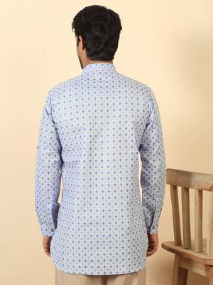 foil printed sky blue roll-up sleeves short kurta 3