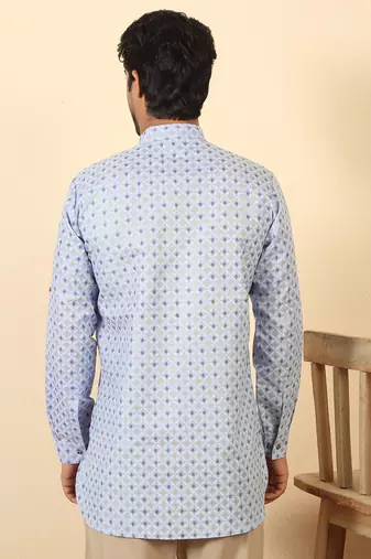foil printed sky blue roll-up sleeves short kurta