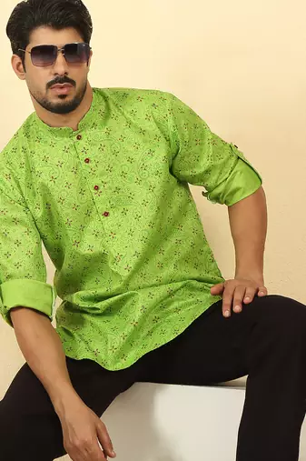 cotton blend floral printed green roll-up sleeves short kurta