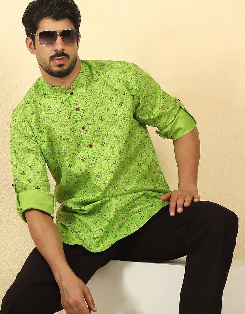 cotton blend floral printed green roll-up sleeves short kurta
