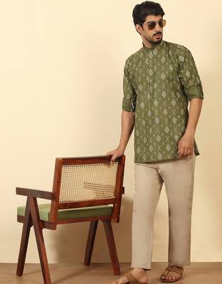 cotton blend printed olive roll-up sleeves short kurta 4
