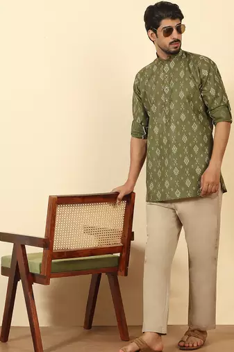 cotton blend printed olive roll-up sleeves short kurta
