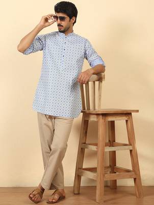 foil printed sky blue roll-up sleeves short kurta 4