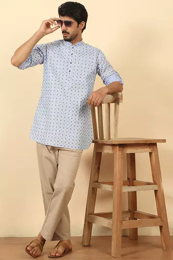 foil printed sky blue roll-up sleeves short kurta